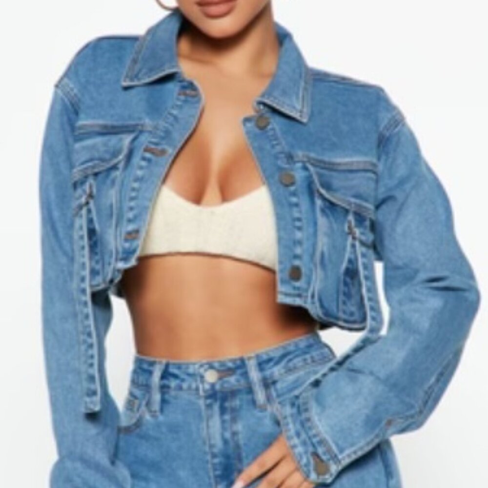 Love Hurts Cargo Denim Jacket - Medium Bule Wash Size: L